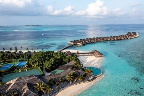 Aerial view, Hurawalhi Island resort with beaches and water bungalows, North Male Atoll, Maldives, Indian Ocean, Asia