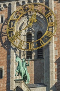 Tower clock and ornamental monument, neo-Romanesque parish church of St. Anne in Lehel, Munich, Bavaria, Germany, Europe