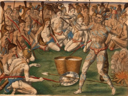 A tattooed Native American chief splashes water on his followers in preparation for war. Includes buckets of water, headdresses of feathers and skins, spears, bows, arrows, war clubs, shields, a scene...