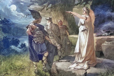 Arminius, c. 17 BC, c. 21 AD, was a prince of the Cherusci, shown here with the seer, fortune-teller, in front of the battle with Germanicus, Historical, digitally restored reproduction of an original...