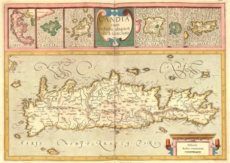 Atlas, map from 1623, Crete, Greece, digitally restored reproduction from an engraving by Gerhard Mercator, born as Gheert Cremer, 5 March 1512, 2 December 1594, geographer and cartographer, Europe