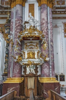 Pulpit in St. Marys Church in Fuerstenfeld Abbey, former Cistercian abbey in Fuerstenfeldbruck, Bavaria, Germany, Europe