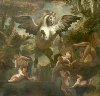 Pegasus, a winged horse, in Greek mythology the child of the sea god Poseidon and the Gorgon Medusa, Painting by Jacob Jordaens, Historical, digitally restored reproduction of a historical work of art