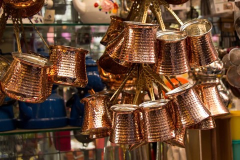Turkish coffee pots made of metal in a traditional style