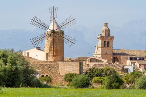 View of Algaida with windmill and church, Majorca, Balearic Islands, Spain, Europe