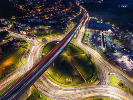 Night Top Down over Penn Inn Flyover and Roundabout from a drone Newton Abbot, Devon, England, United Kingdom, Europe