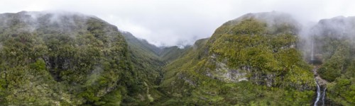 Panorama, aerial view, Lagoa do Vento with Upper Risco waterfall, forest and fog, Rabacal, Madeira, Portugal, Europe