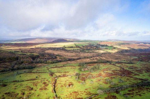 View over Emsworthy Mire from a drone, Haytor Rocks, Dartmoor National Park, Devon, England, UK