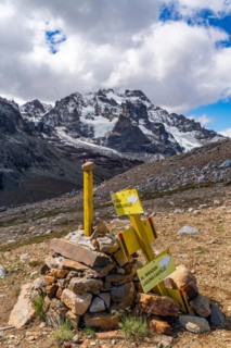 Hiking signpost at Cerro Castillo mountain, Cerro Castillo National Park, Aysen, Patagonia, Chile, South America