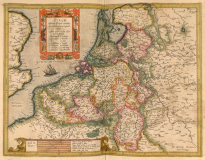 Atlas, map from 1623, Belgium, digitally restored reproduction from an engraving by Gerhard Mercator, born as Gheert Cremer, 5 March 1512, 2 December 1594, geographer and cartographer, Europe