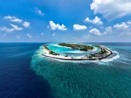 Aerial View, Paradise Island with Water Bungalows, Indian Ocean, Lankanfushi, North Male Atoll, Maldives, Asia