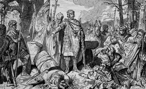 Charlemagne, 2 April 742, 28 January 814, also known as Charlemagne, Carolus or Karolus Magnus or Charles I. The Destruction of Irminsul, Historical, digitally restored reproduction from a 19th centur...