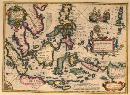 Atlas, map from 1623, Asia, Islands, Java, Borneo, Papua, Philippines, digitally restored reproduction from an engraving by Gerhard Mercator, born as Gheert Cremer, 5 March 1512, 2 December 1594, geog...
