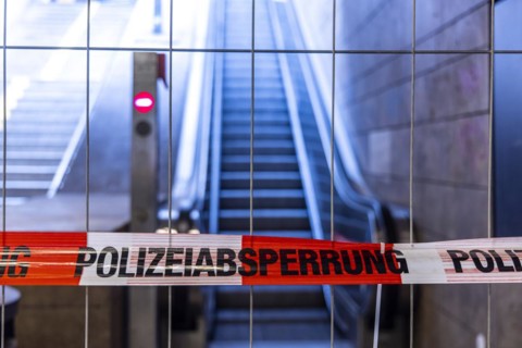 Police cordon. Flutter tape at the main station in front of an escalator, Stuttgart, Baden-Wuerttemberg, Germany, Europe