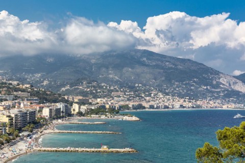 View from Roquebrune Cap Martin on Menton, Cote d Azur, Mediterranean Sea, France, Europe