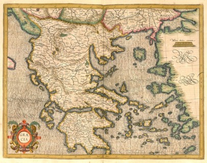 Atlas, map from 1623, Greece, digitally restored reproduction from an engraving by Gerhard Mercator, born as Gheert Cremer, 5 March 1512, 2 December 1594, geographer and cartographer, Europe