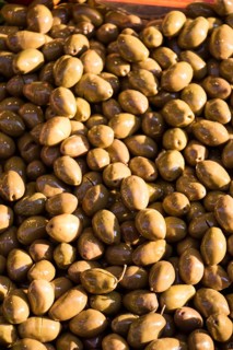 Turkish style prepared olives in the market stands