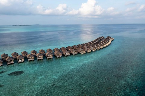 Aerial view, Hurawalhi Island resort with beaches and water bungalows, North Male Atoll, Maldives, Indian Ocean, Asia