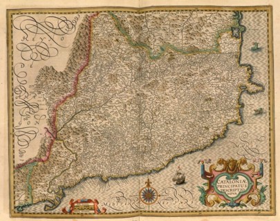 Atlas, map from 1623, Catalonia, Spain, digitally restored reproduction from an engraving by Gerhard Mercator, born as Gheert Cremer, 5 March 1512, 2 December 1594, geographer and cartographer, Europe