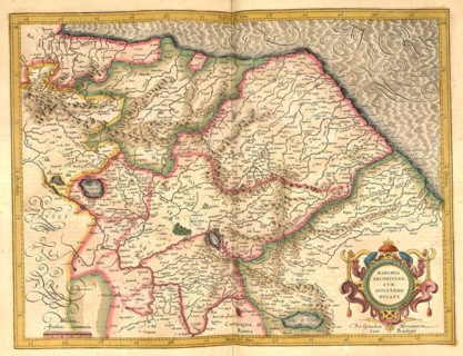Atlas, map from 1623, Marche, Italy, digitally restored reproduction from an engraving by Gerhard Mercator, born Gheert Cremer, 5 March 1512, 2 December 1594, geographer and cartographer, Europe