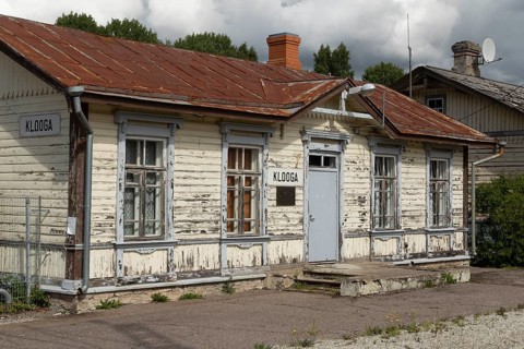 Weathered wooden house at the historic railway station in the village of Klooga, Harju County, Estonia, Europe