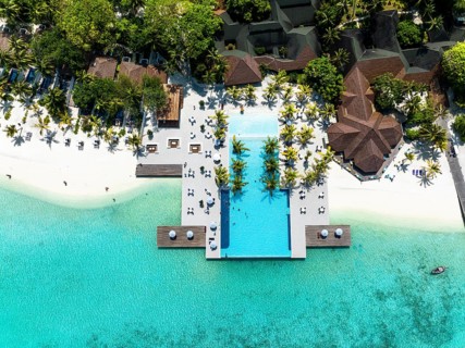 Aerial View, Paradise Island with Water Bungalows, Indian Ocean, Lankanfushi, North Male Atoll, Maldives, Asia