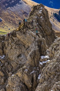 Climbers on the Innerkoflerturm, view from the Langkofelscharte, Sella Pass, Dolomites, South Tyrol, Italy, Europe
