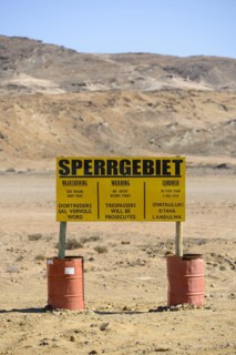 Warning sign at the diamond exclusion zone in the Sperrgebiet National Park, also Tsau ÇKhaeb National Park, Namibia, Africa