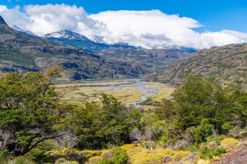 View from the Mirador Tehuelche viewpoint of the Rio Ibanez river valley, Cerro Castillo National Park, Aysen, Patagonia, Chile, South America