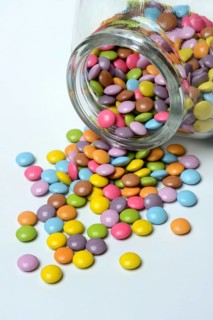Chocolate lentils with glass container, Smarties