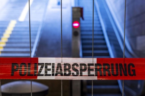 Police cordon. Flutter tape at the main station in front of an escalator, Stuttgart, Baden-Wuerttemberg, Germany, Europe