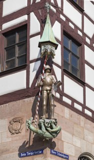 Figure of St. George as dragon slayer on the historic Pilatus House, patrician house, Tiergaertnertorplatz, Nuremberg Central Franconia, Bavaria, Germany, Europe