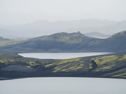 Moss-covered volcanic landscape, crater lake, Laki Crater or Lakagigar, Highlands, South Iceland, Suourland, Iceland, Europe