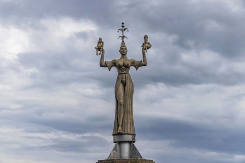 New landmark is the nine-metre-high Imperia at the harbour entrance, designed by artist Peter Lenk, Lake Constance, Constance, Baden-Wuerttemberg, Germany, Europe