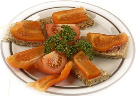 Slices, bread, fitness bread, thin butter, peppers, tomatoes, parsley, breakfast, meal, nutrition, food