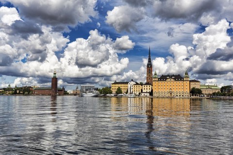 View over the Riddarfjaerden to the city hall and the church Riddarholmskyrkan, skyline of the old town, Stockholm, Maelaren, Sweden, Europe