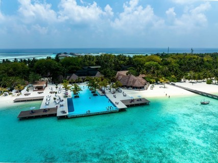 Aerial View, Paradise Island with Water Bungalows, Indian Ocean, Lankanfushi, North Male Atoll, Maldives, Asia