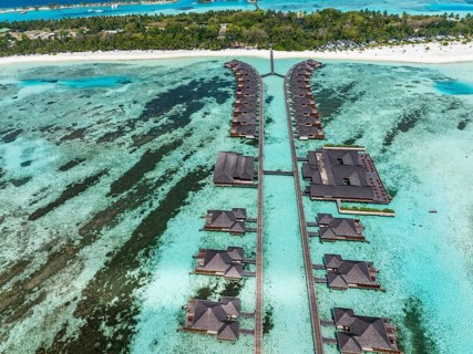 Aerial View, Paradise Island with Water Bungalows, Indian Ocean, Lankanfushi, North Male Atoll, Maldives, Asia
