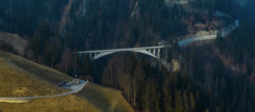 Salginatobel Bridge, educational object 1930s reinforced concrete bridge, engineering milestone ASCE, UNESCO World Heritage waiting list, drone image, Schiers Schuders, Praettigau, Graubuenden, Switze...
