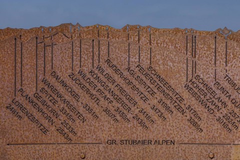Board with names of peaks in the Stubai Alps, Seceda peak, Val Gardena, Dolomites, South Tyrol, Italy, Europe