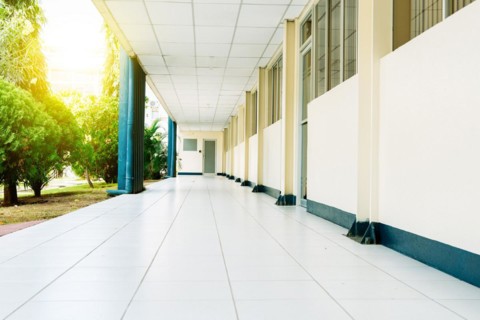 Corridors of a university on a sunny day. View of a corridor of a student institution