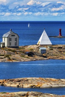 Old pilot station Kobba Klintar with museum and exhibition building in the shape of a pyramid, small island in the archipelago, harbour entrance Mariehamn, Aland Islands, Gulf of Bothnia, Baltic Sea, ...