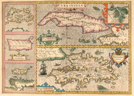 Atlas, map from 1623, Central America, Caribbean, Cuba, Hispaniola Haiti, Jamaica, Isla Margerita, Ioannis, digitally restored reproduction from an engraving by Gerhard Mercator, born as Gheert Cremer...