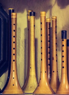 Dozens of handmade wooden flutes or shrill pipe