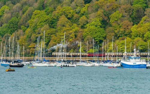 Steam Train and Boats over River Dart, Kingswear from Dartmouth, Devon, England, United Kingdom, Europe