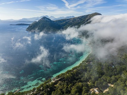 Aerial view, Spain, Balearic Islands, Port de Pollenca, Formentor Peninsula with Formentor Beach, Hotel Royal Hideaway Formentor formerly Hotel Formentor, Cala Pi de la Posada, Illa del Geret, Europe