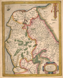 Atlas, map from 1623, Bolonia and Guines, France, digitally restored reproduction from an engraving by Gerhard Mercator, born Gheert Cremer, 5 March 1512, 2 December 1594, geographer and cartographer,...
