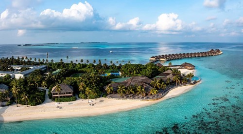 Aerial view, Hurawalhi Island resort with beaches and water bungalows, North Male Atoll, Maldives, Indian Ocean, Asia
