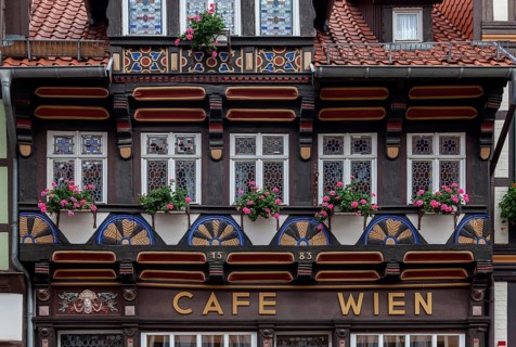 Cafe Wien in the historic half-timbered house from 1583, Wernigerode, Harz, Saxony-Anhalt, Germany, Europe