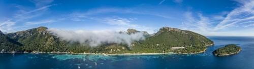 Aerial view, Spain, Balearic Islands, Port de Pollenca, Formentor Peninsula with Formentor Beach, Hotel Royal Hideaway Formentor formerly Hotel Formentor, Cala Pi de la Posada, Illa del Geret, Europe